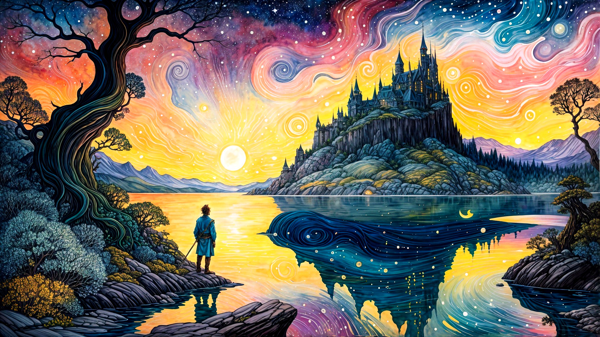 Vibrant Sunset Over Lake with Castle and Dreamlike Trees