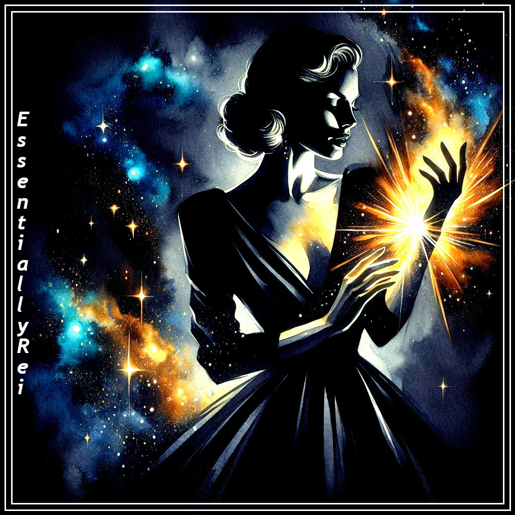 Silhouetted Woman in Elegant Dress Against Cosmic Backdrop