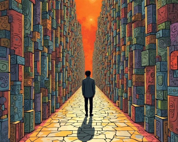 Lone Figure in Colorful Corridor at Sunset