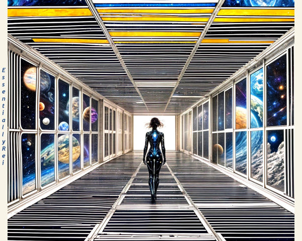 Futuristic Corridor with Cosmic Imagery and Geometric Lines