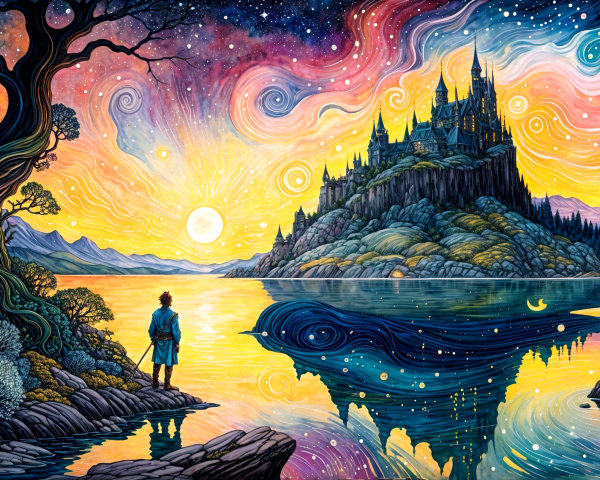 Vibrant Sunset Over Lake with Castle and Dreamlike Trees