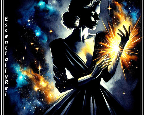 Silhouetted Woman in Elegant Dress Against Cosmic Backdrop