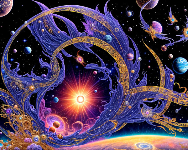 Vibrant cosmic scene with swirling patterns and colors