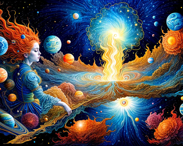 Cosmic Scene of a Woman Amidst Celestial Bodies