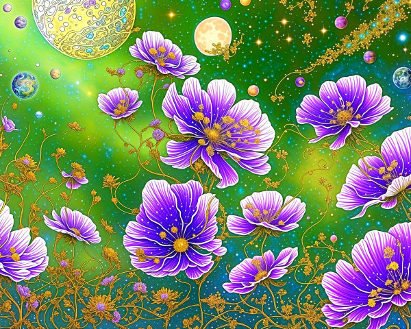 Vibrant Cosmic Scene with Purple Flowers and Planets