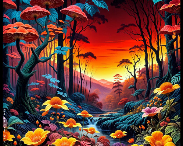 Vibrant Fantasy Landscape with Colorful Flora and Sunset