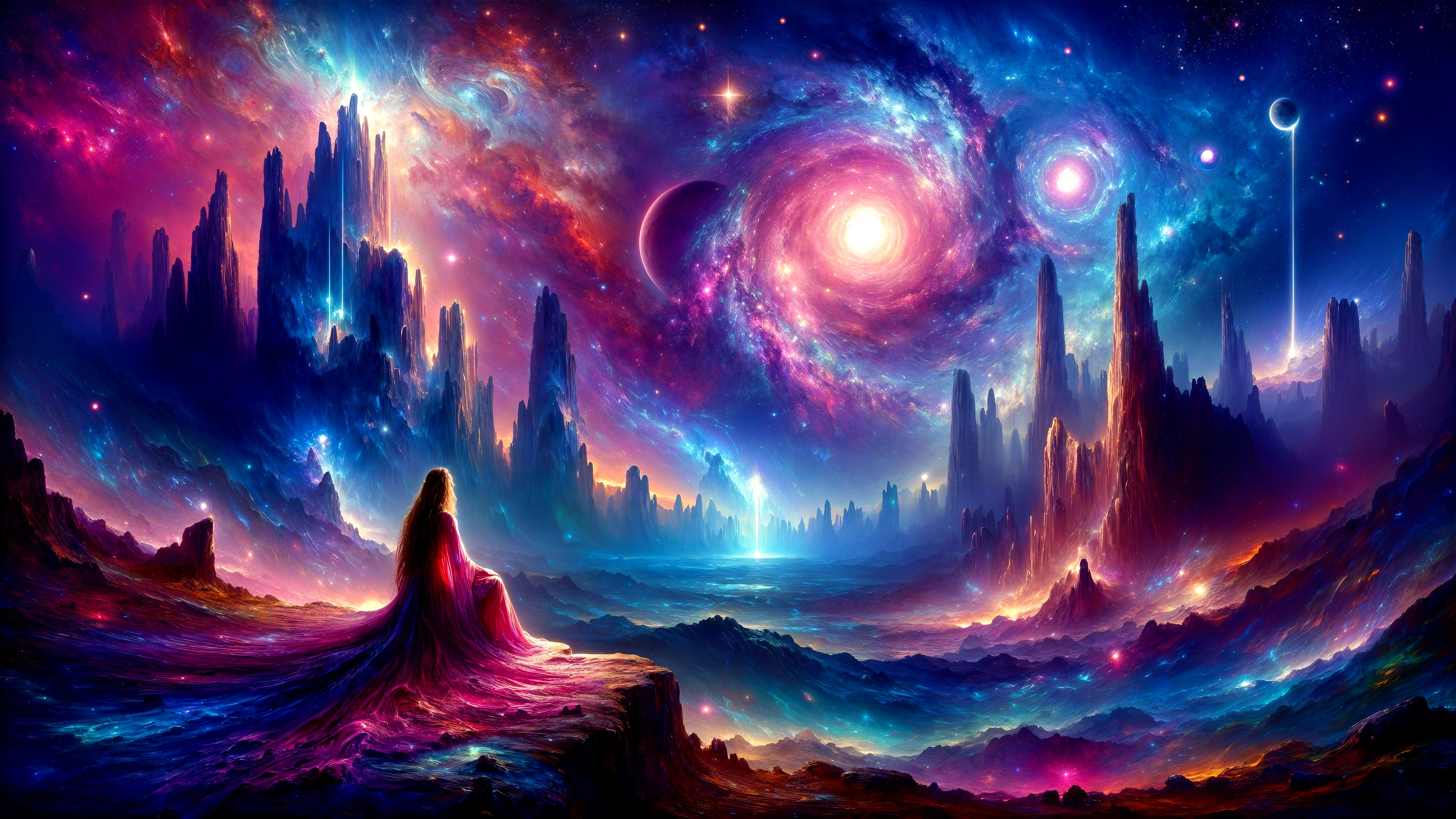 Cosmic Scene with Serene Figure and Crystalline Formations