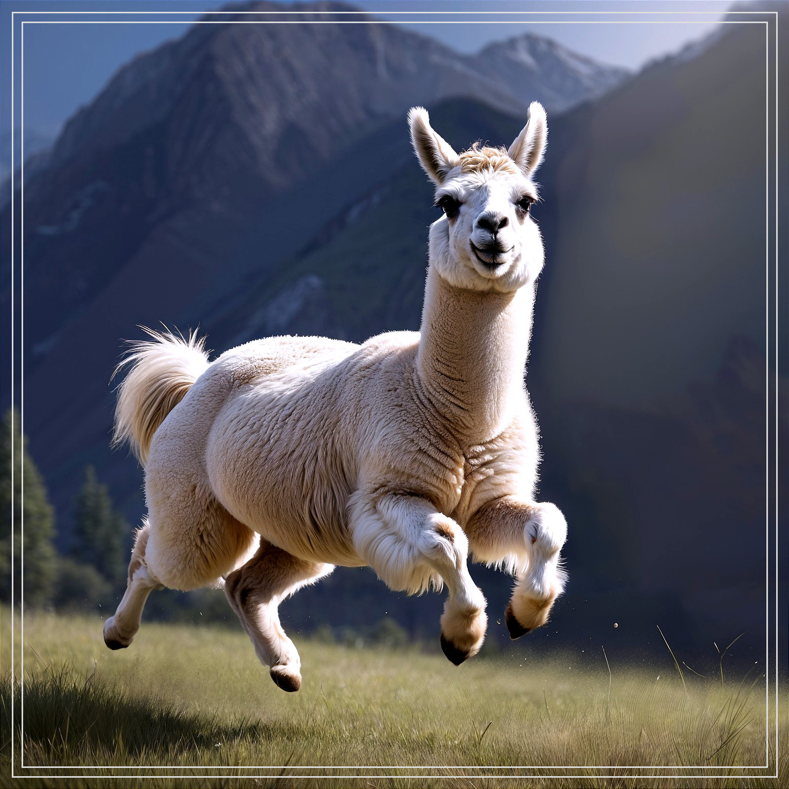 Llama Joyfully Leaping in a Lush Green Meadow