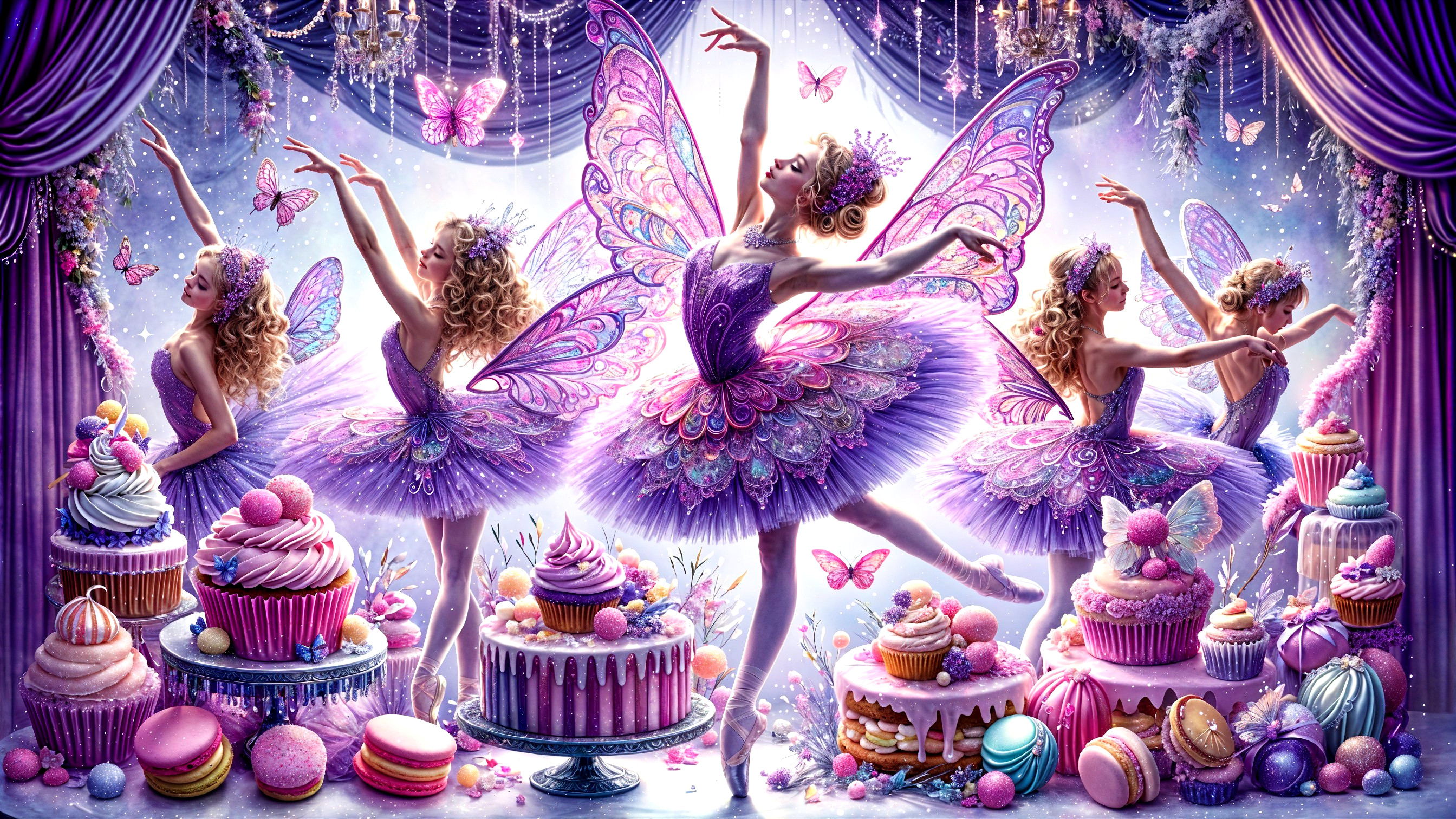 Ballerinas with Butterfly Wings in a Dreamy Landscape