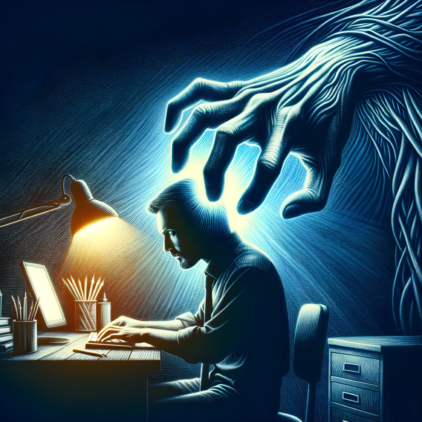 Man Working at Desk with Ominous Shadow Behind