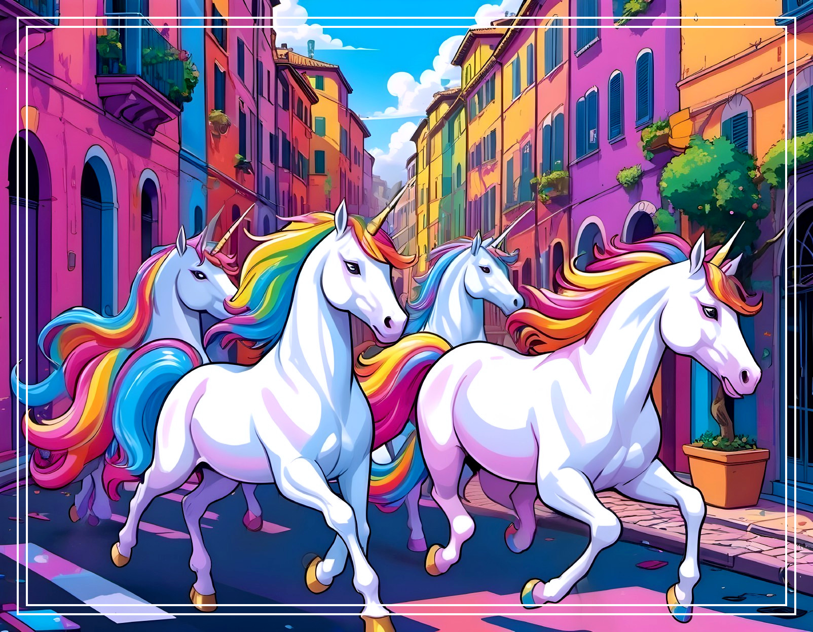 Vibrant street scene with unicorns and colorful buildings
