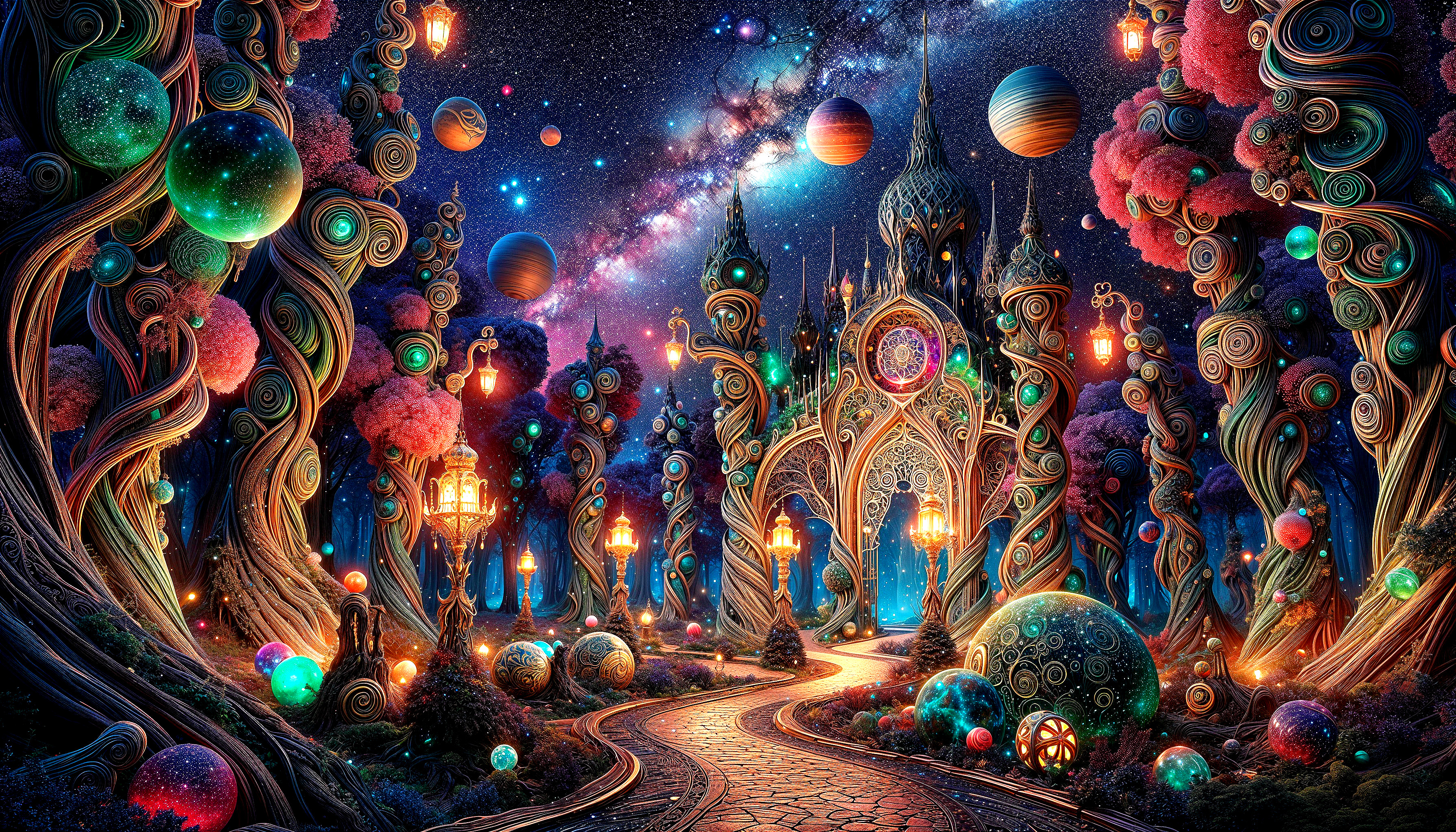 Fantastical Landscape with Luminescent Trees and Castle