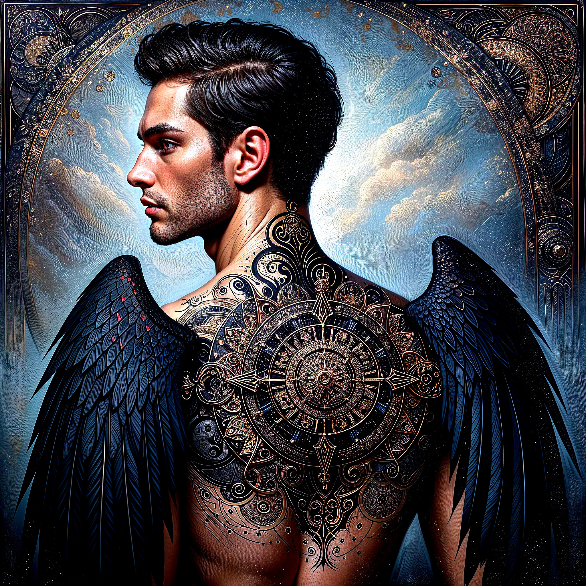 Portrait of a Man with Intricate Tattoos and Wings