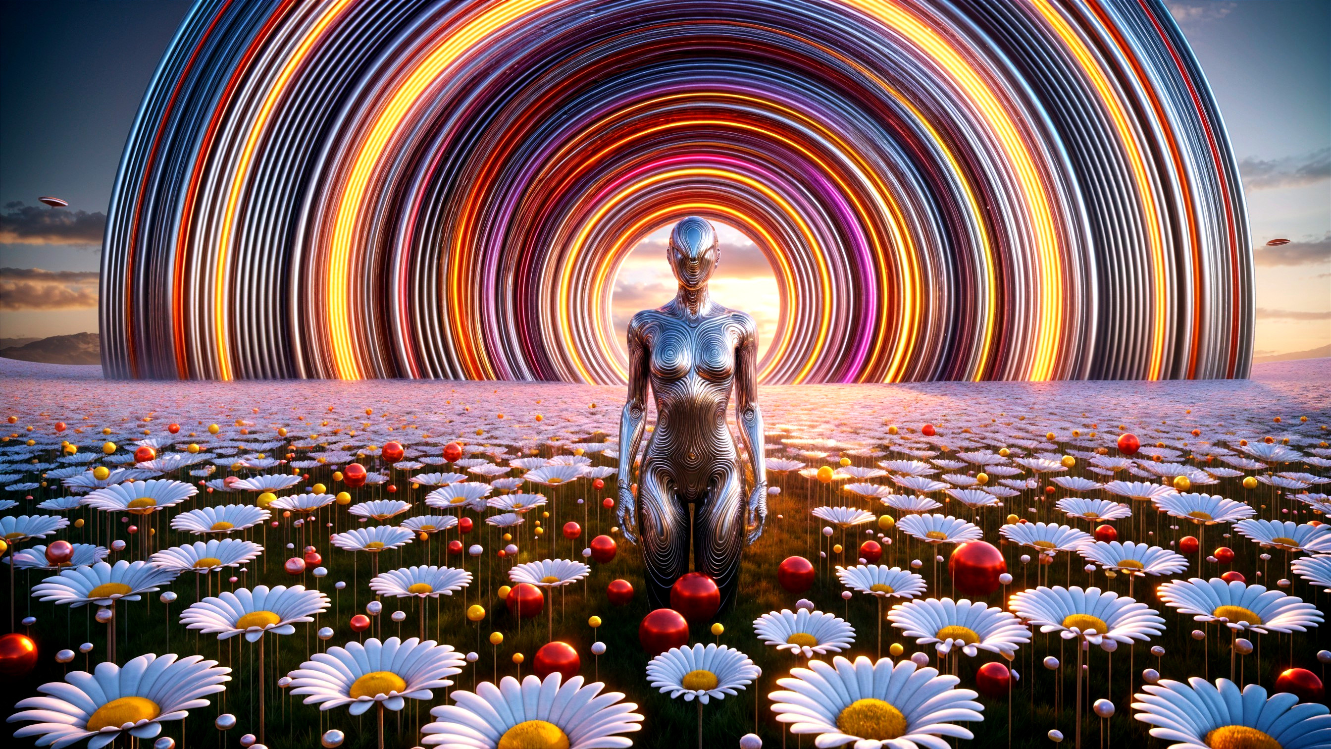 Futuristic Robot in Vibrant Daisy Field at Sunset