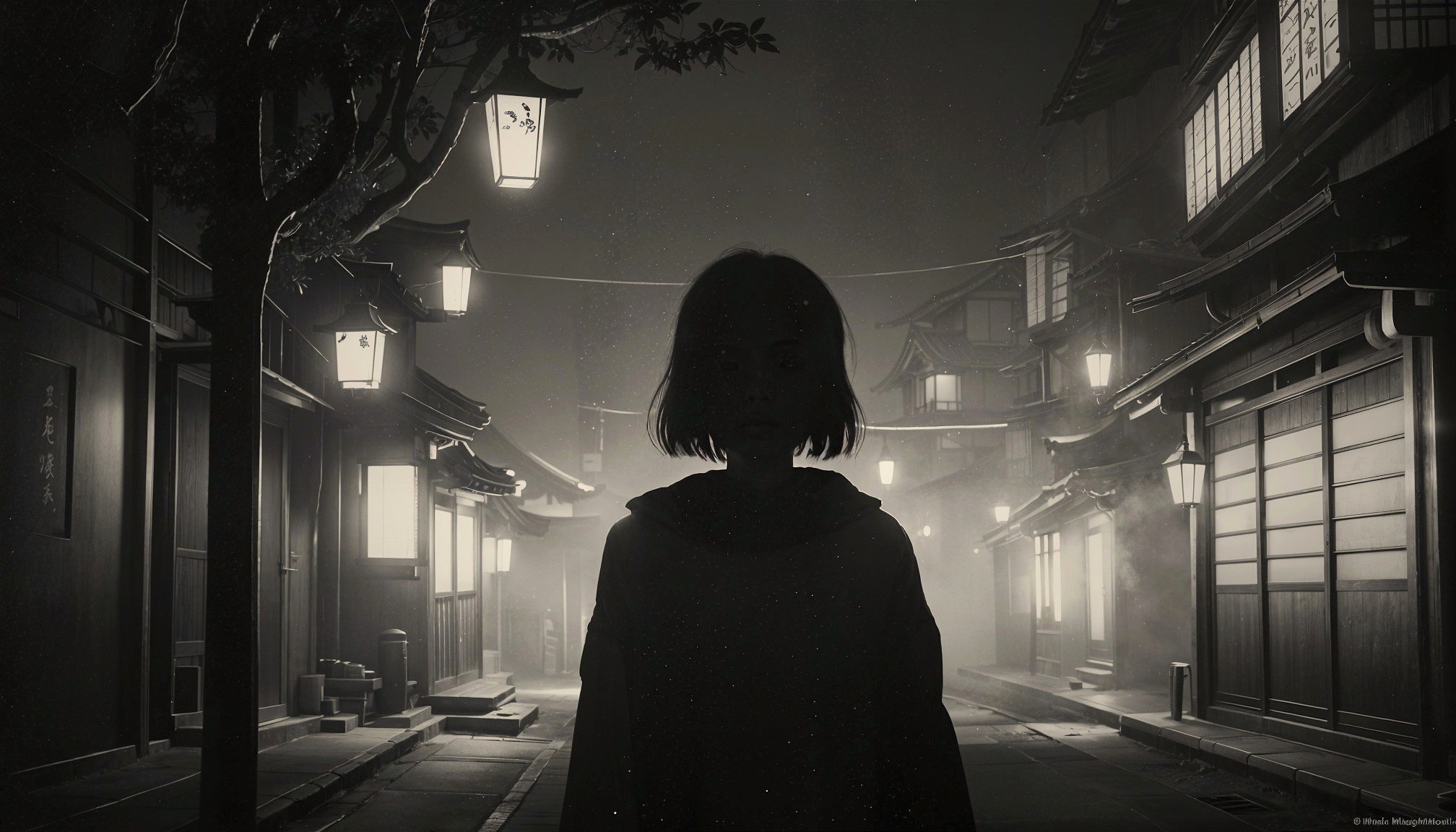 Shadowy Village Street Scene with Lantern Light