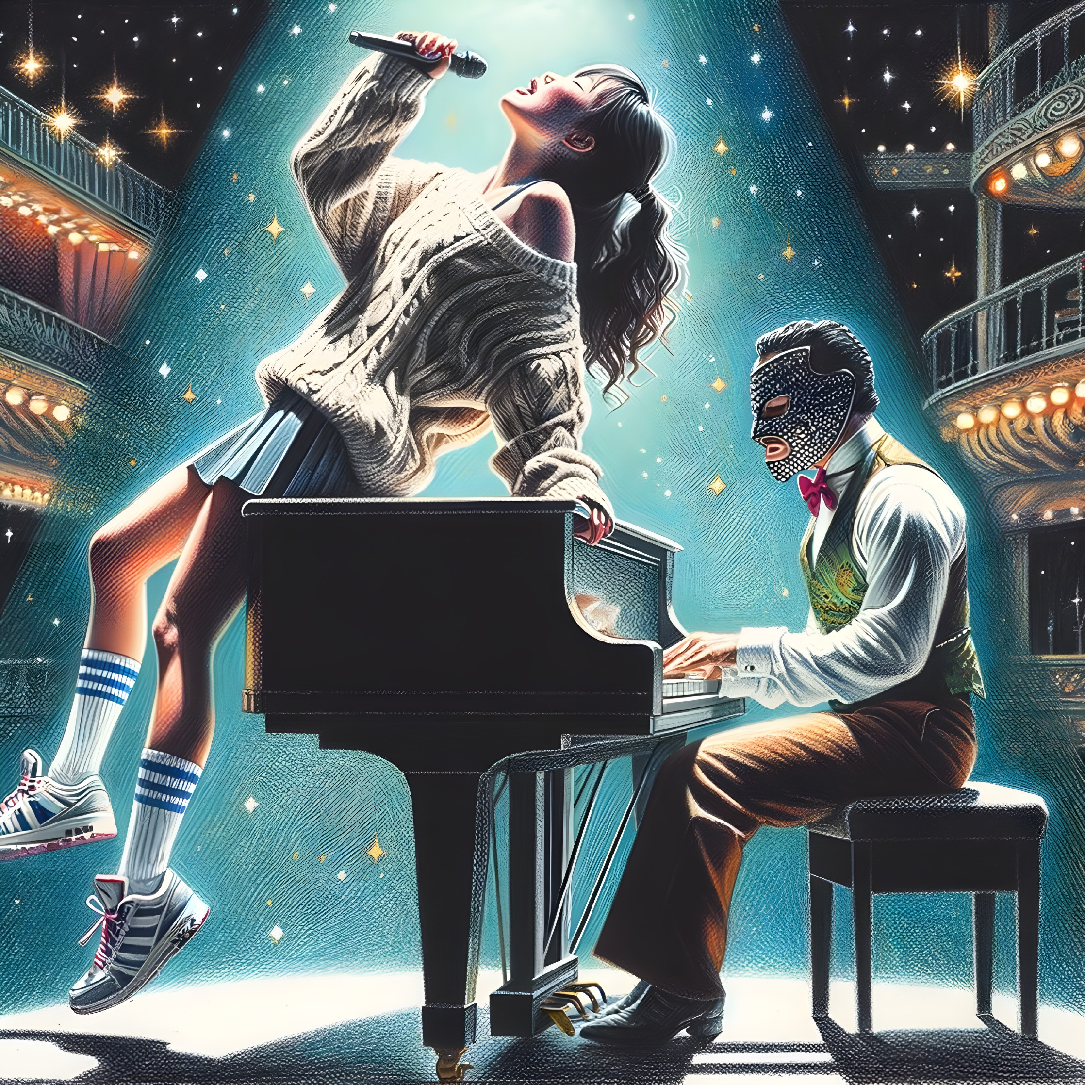 Singer Performing on Stage with Grand Piano and Lights