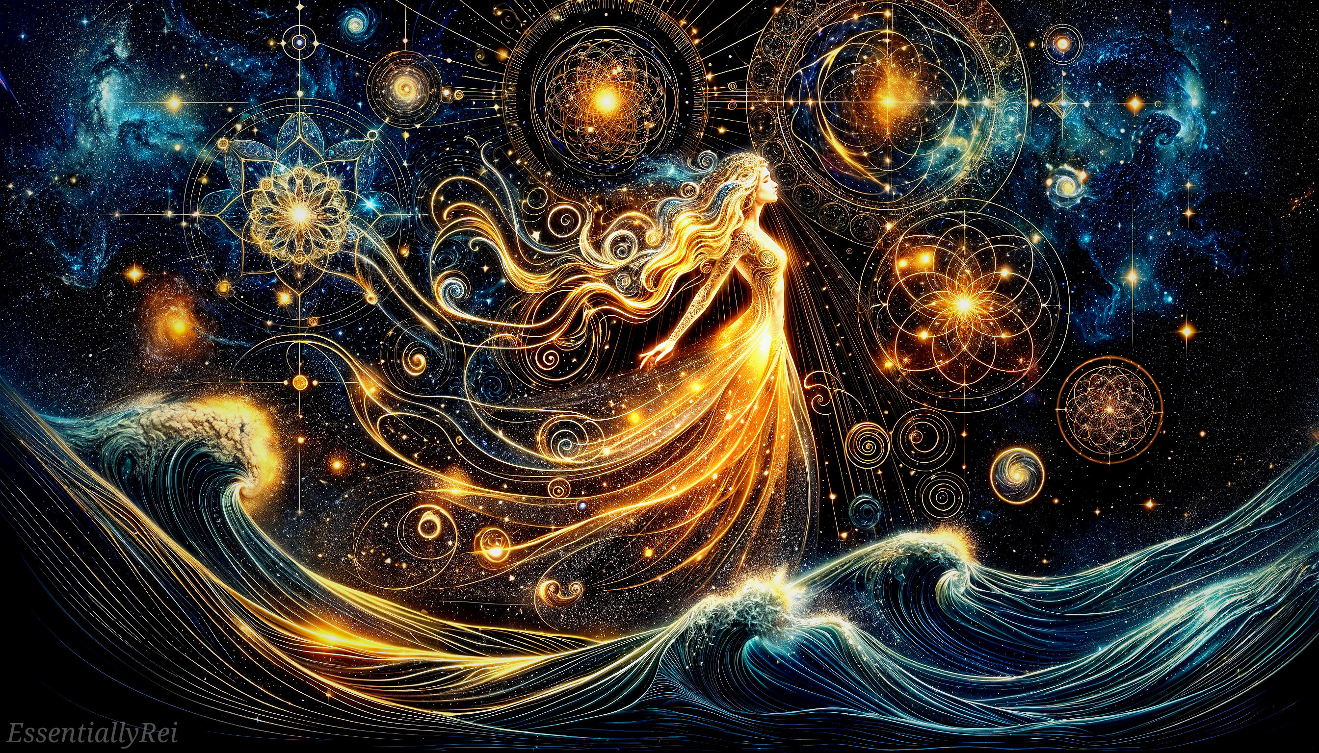 Celestial Scene with Radiant Figure and Cosmic Patterns