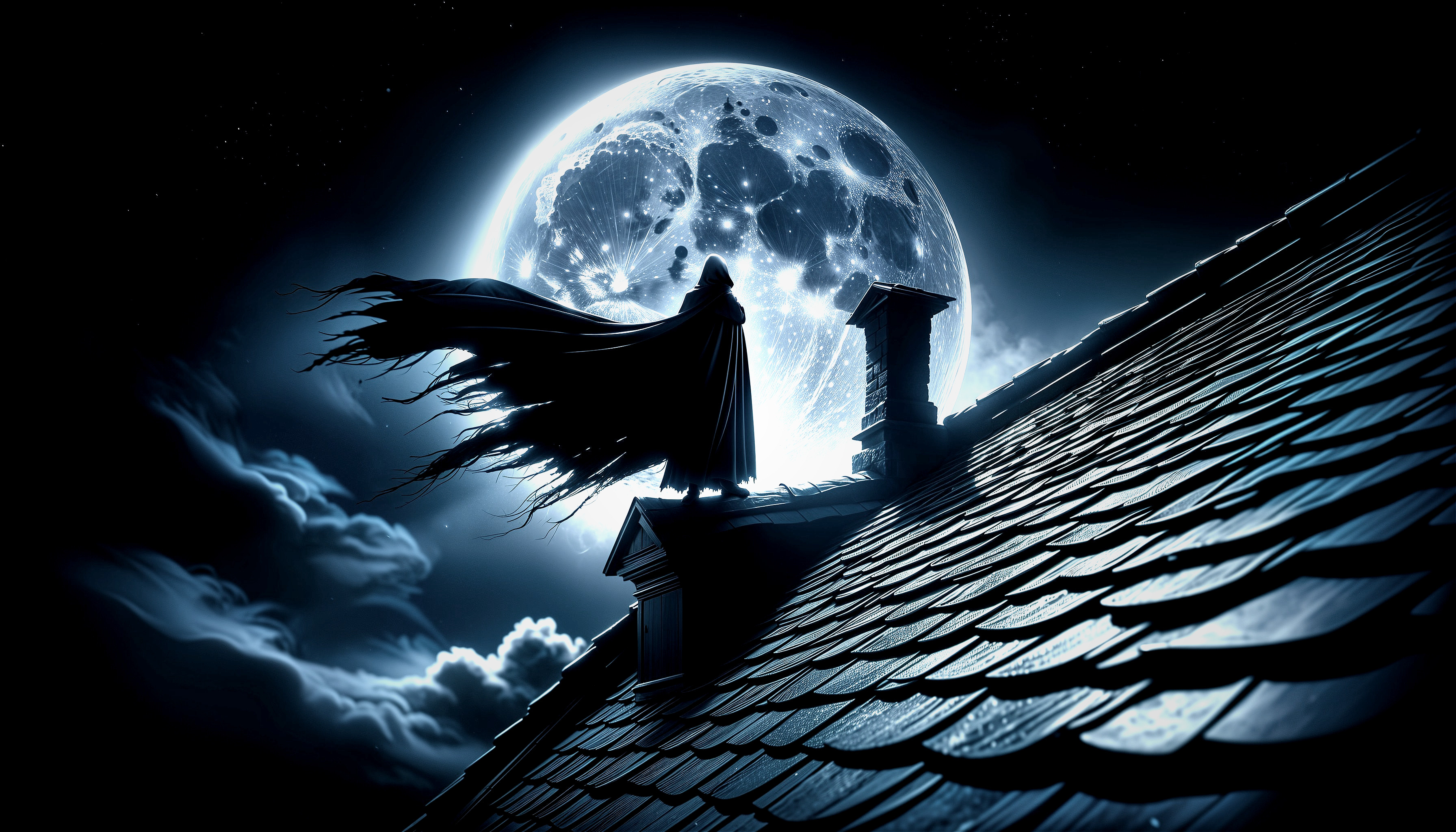 Mysterious Figure Silhouetted Against Full Moon