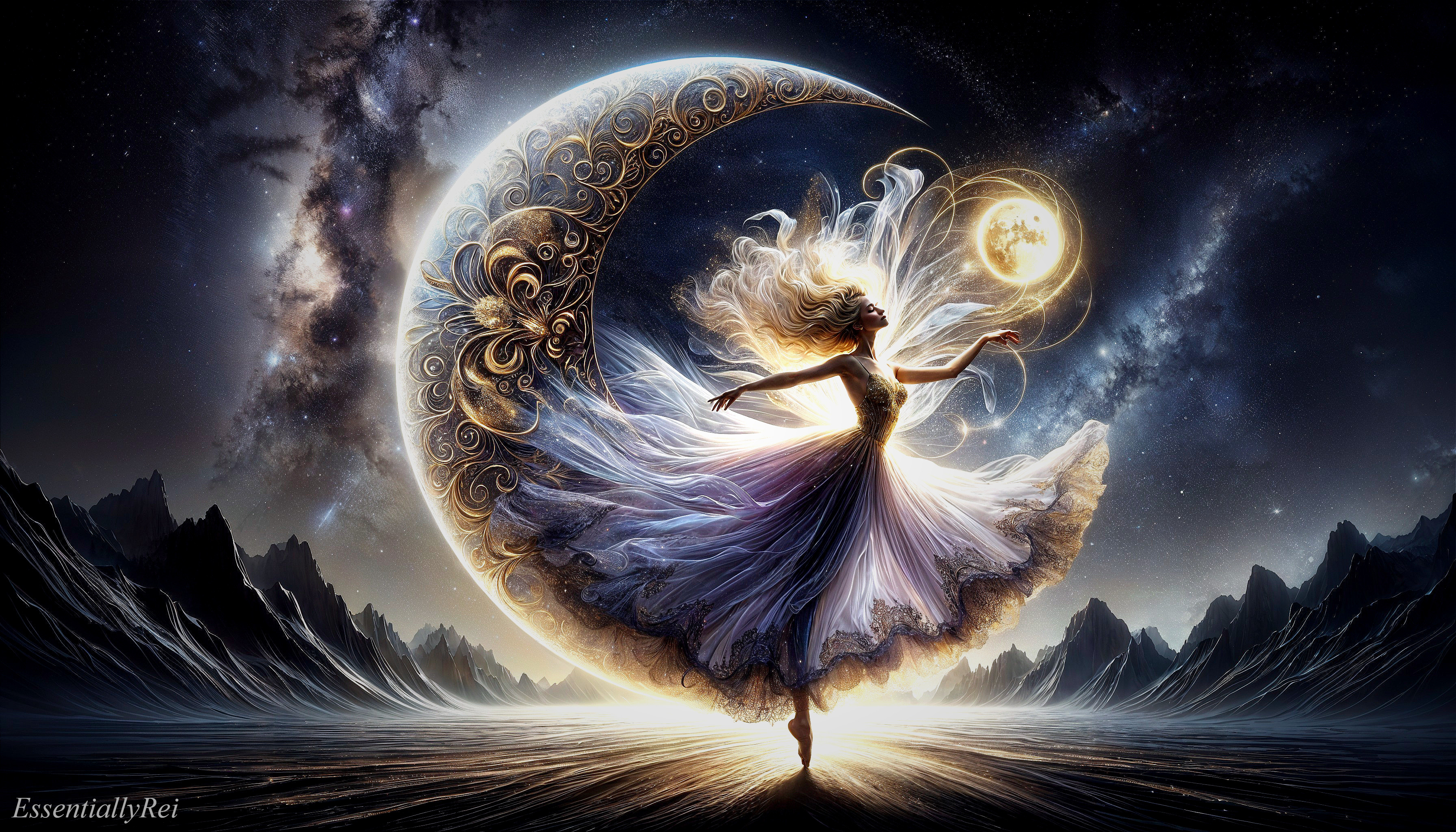 Dancer in White Dress Against Celestial Landscape