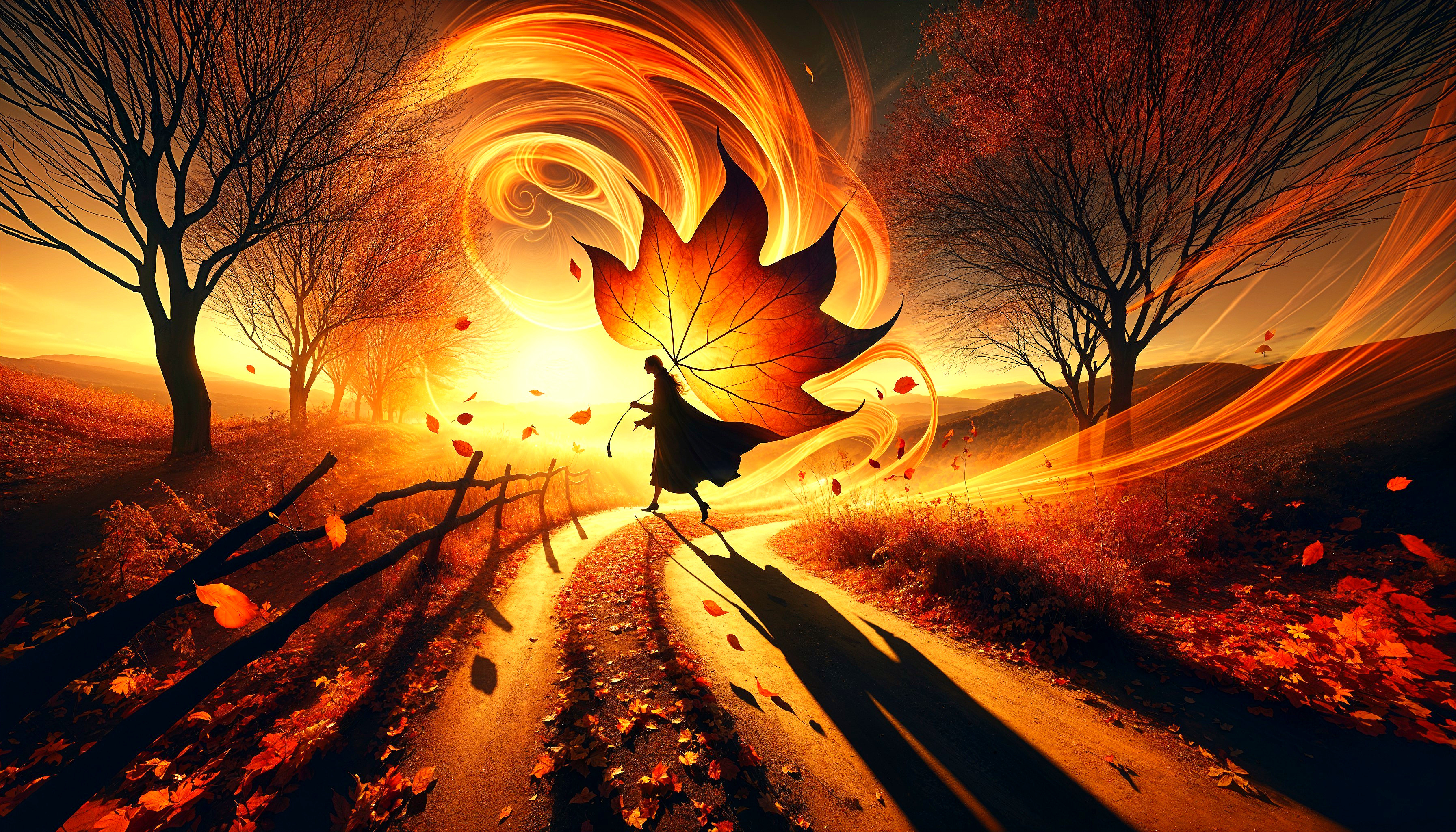 Whimsical Autumn Scene with Silhouette and Leaves