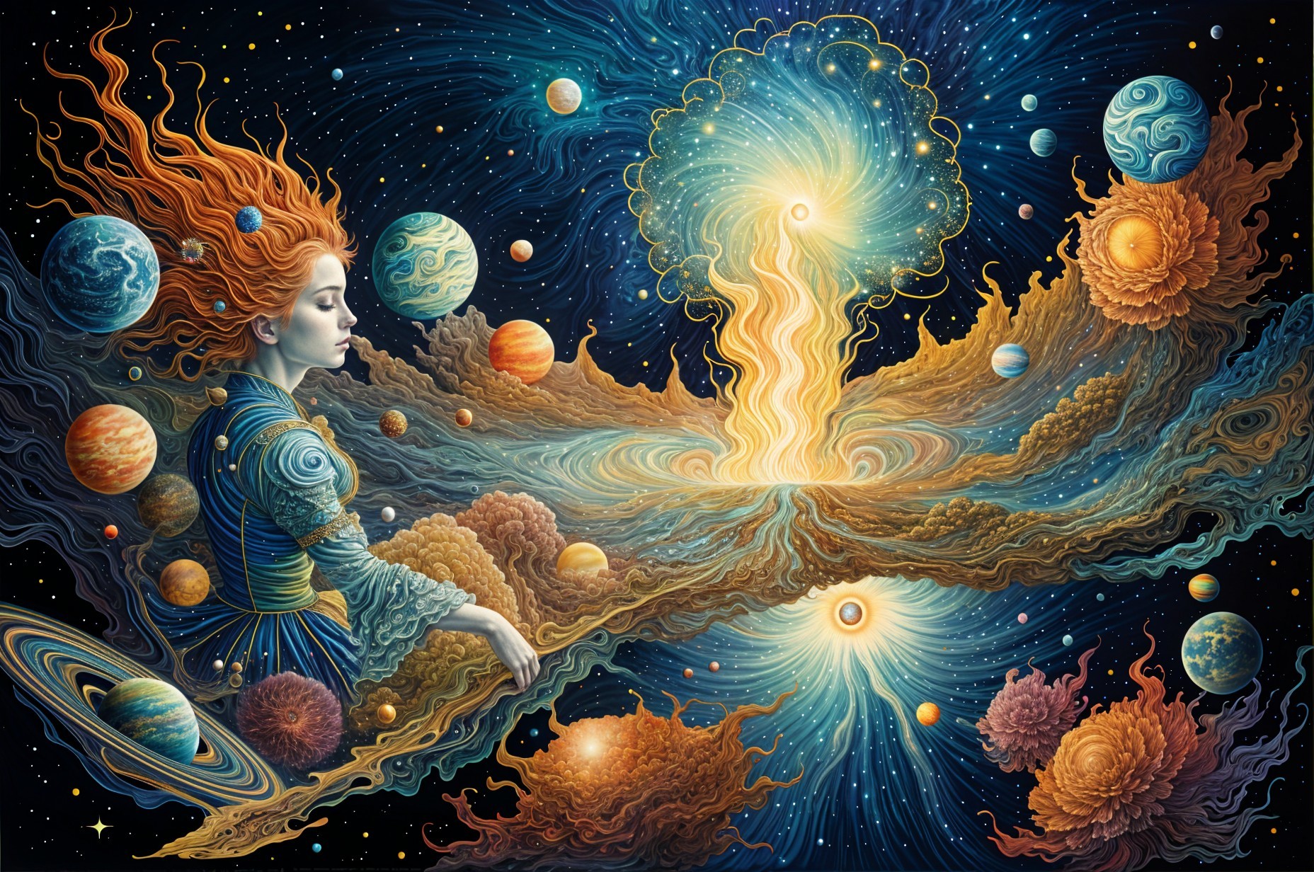 Cosmic Scene of a Woman Amidst Celestial Bodies