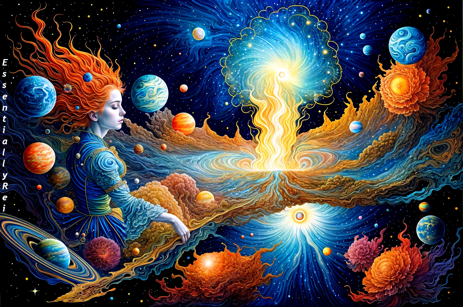 Cosmic Scene of a Woman Amidst Celestial Bodies