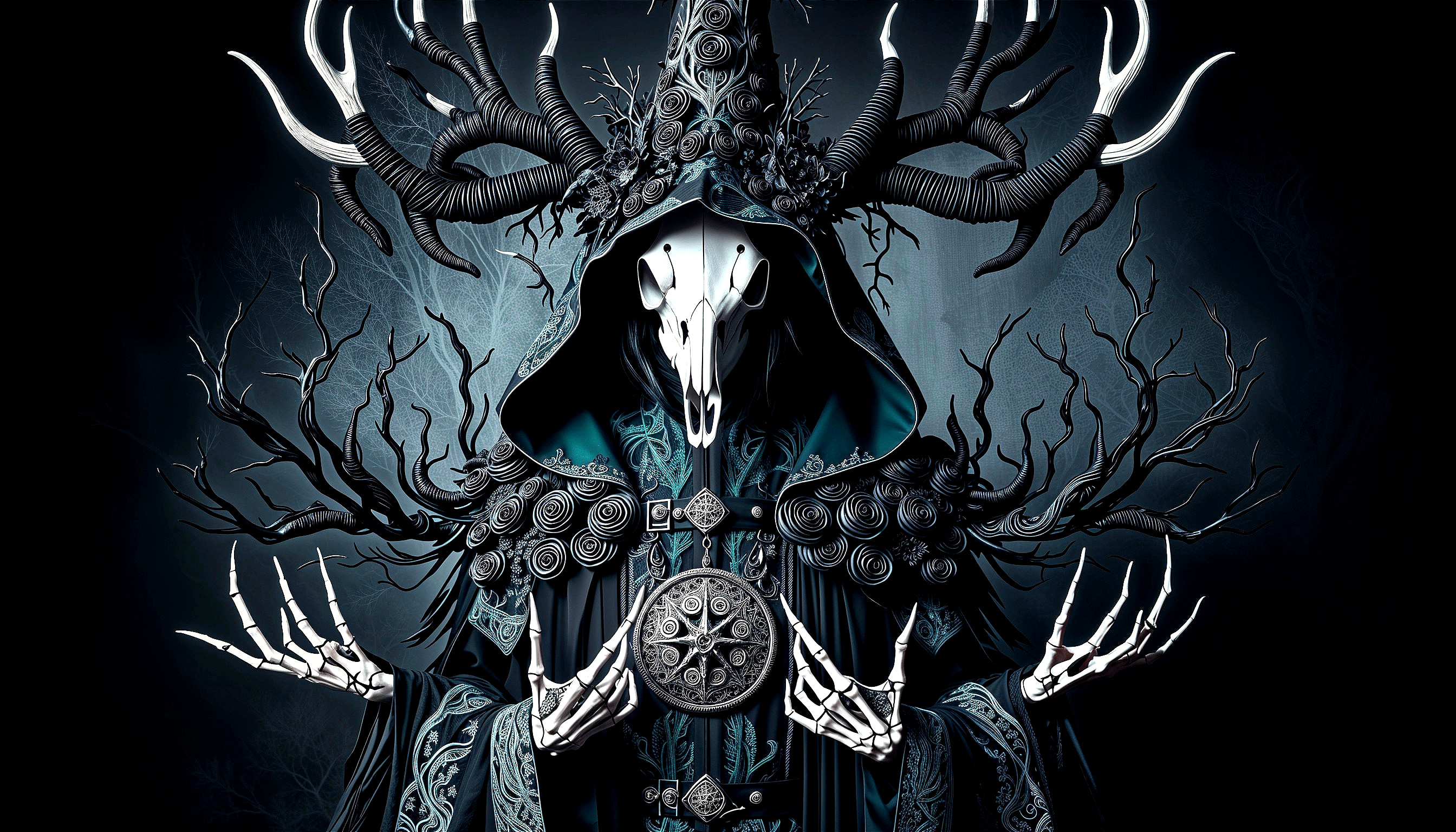 Eerie Figure in Dark Robes with Antlers and Skull Mask