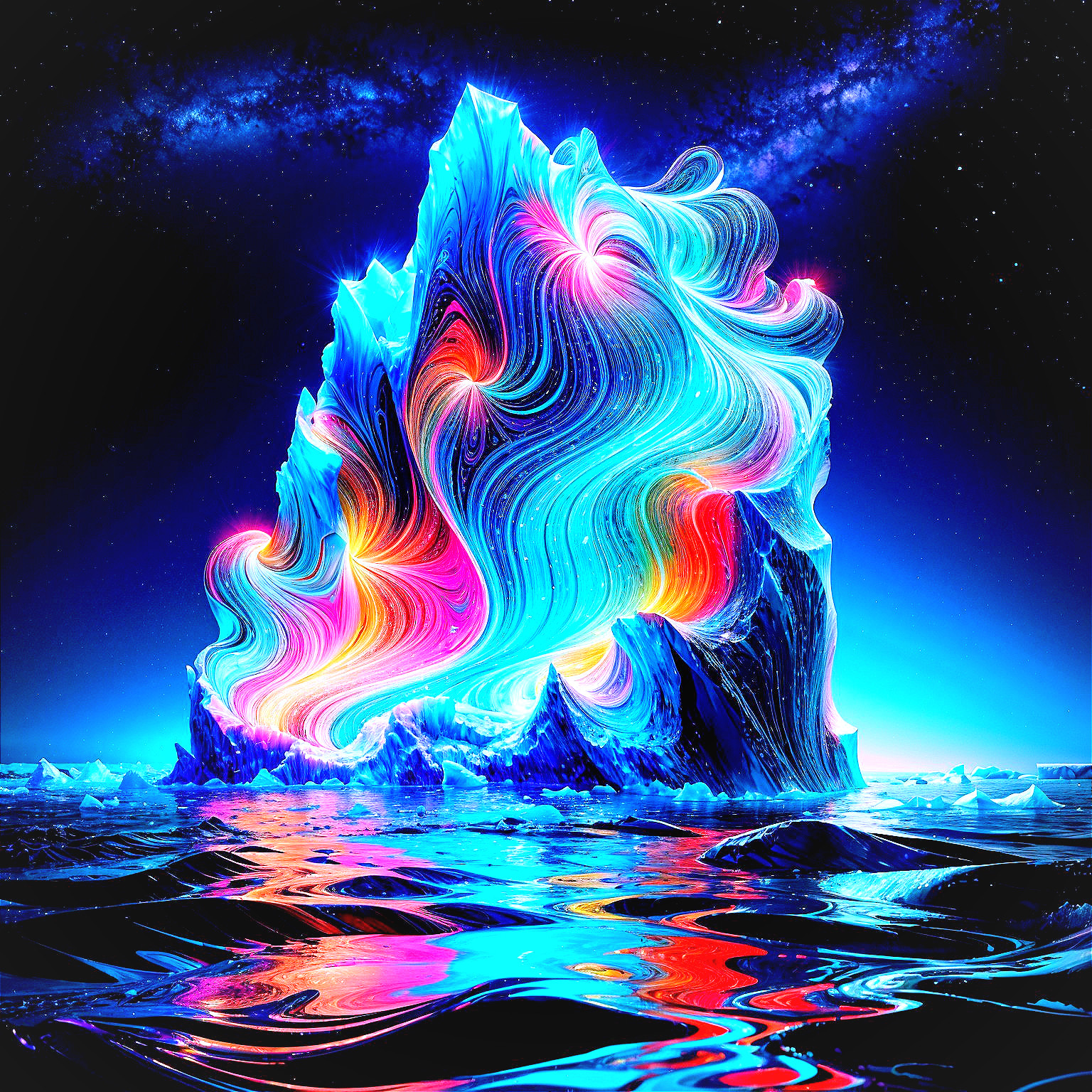 Surreal Iceberg with Vibrant Colors in Tranquil Ocean