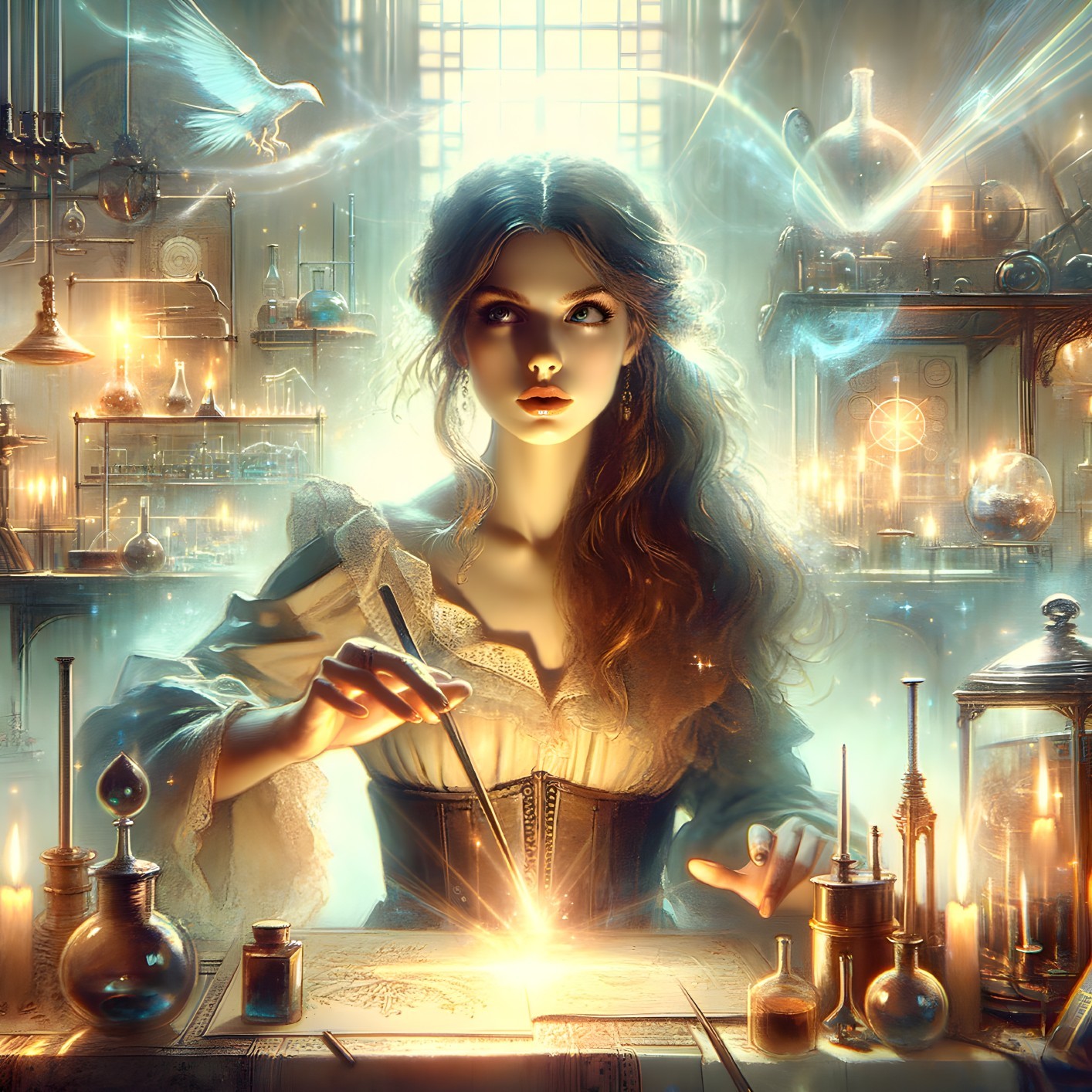 Mystical Laboratory with Glowing Potions and Magic