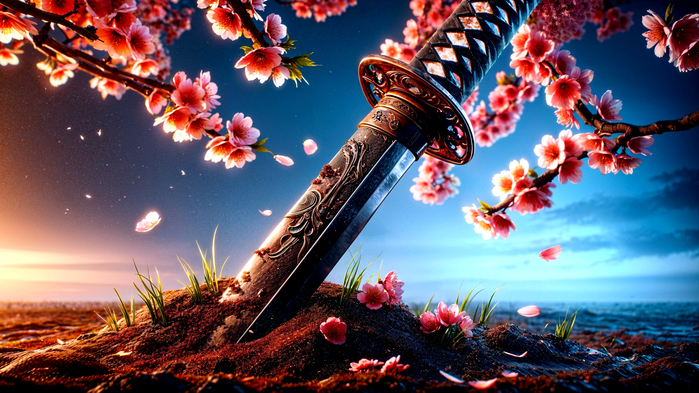 Sword Surrounded by Cherry Blossom Petals at Twilight