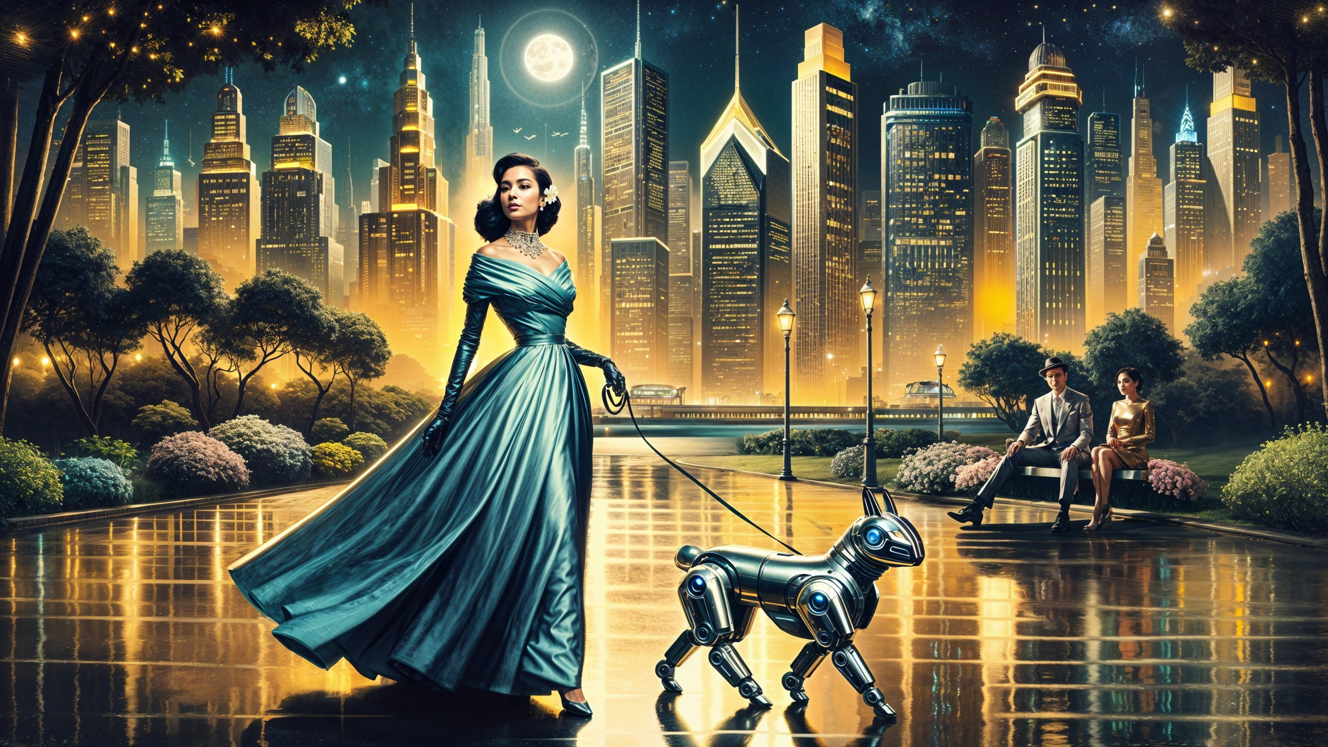 Futuristic Cityscape with Woman and Robotic Dog