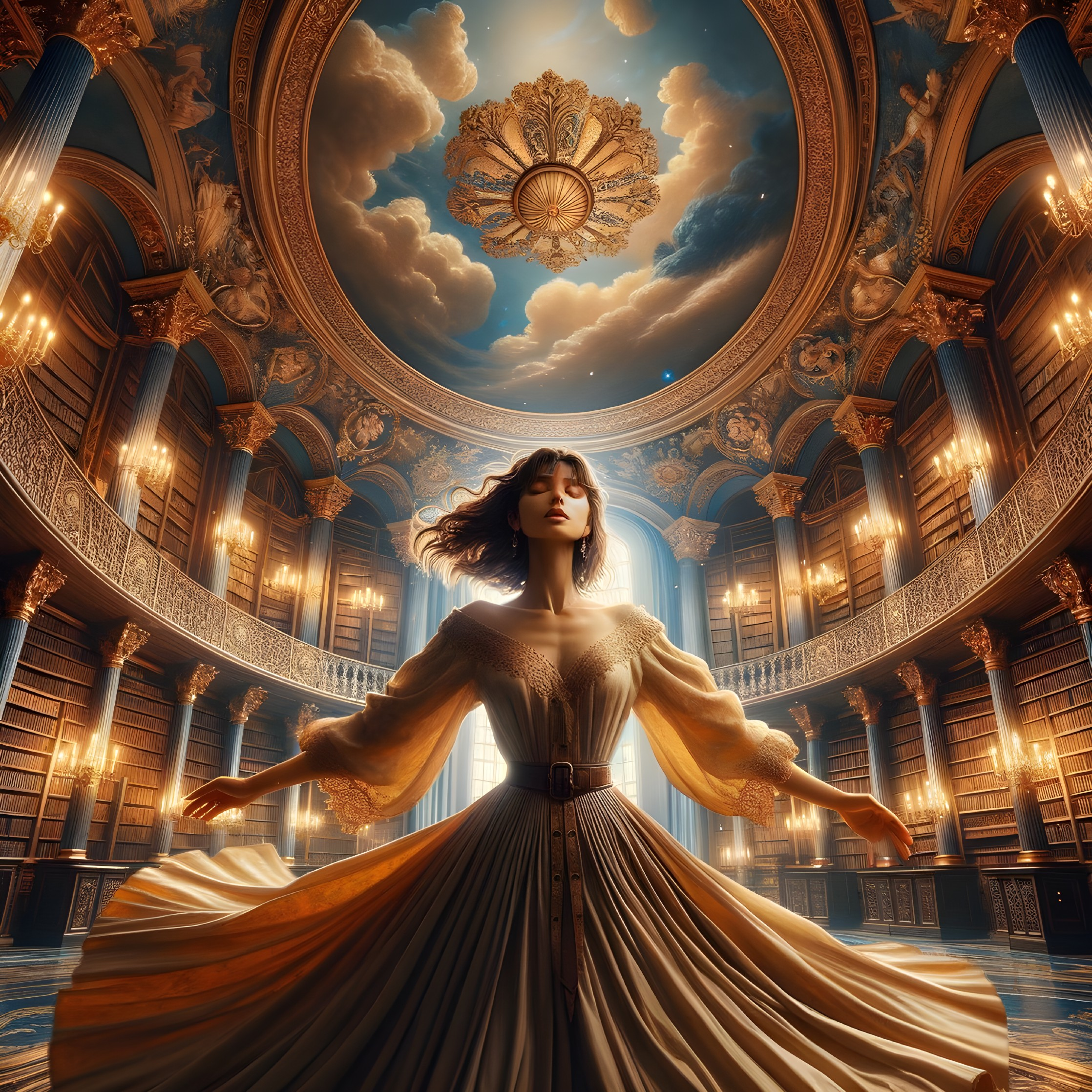 Woman in Vintage Gown Twirling in Opulent Library