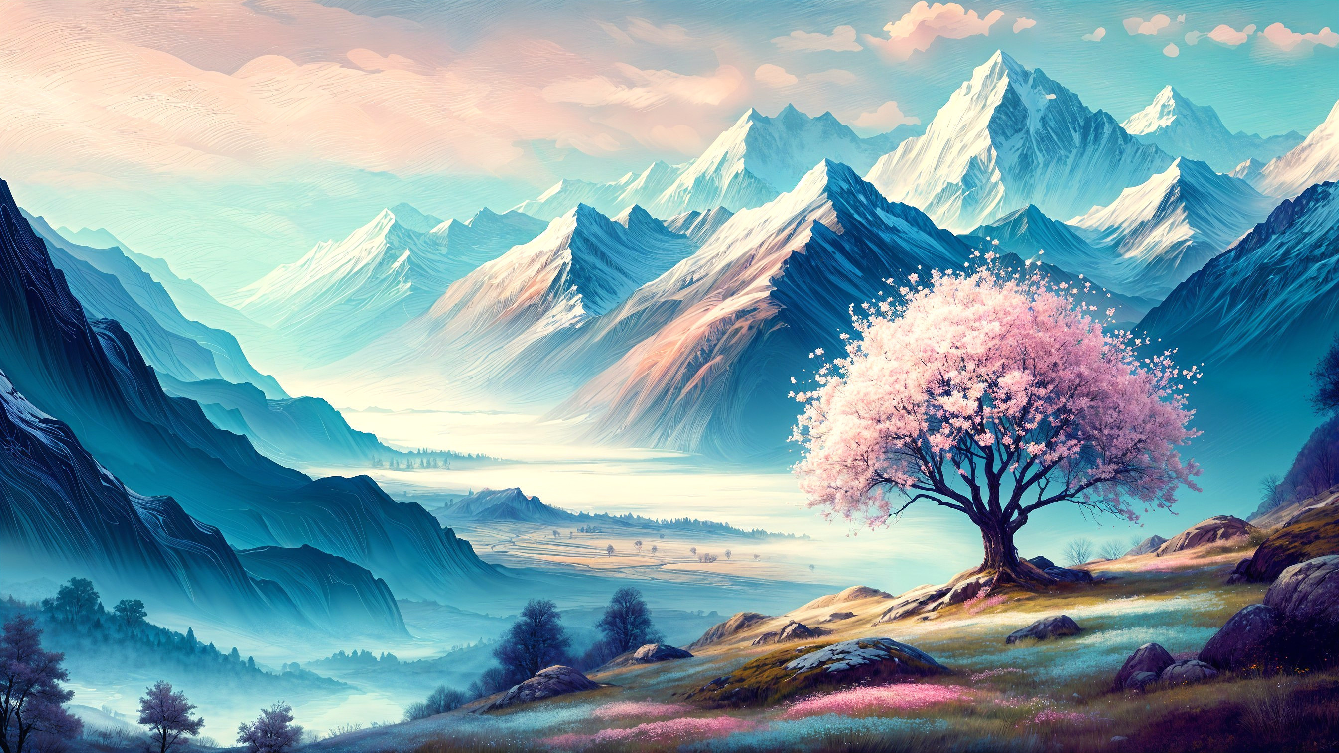 Snow-Capped Mountains and Cherry Blossom Landscape