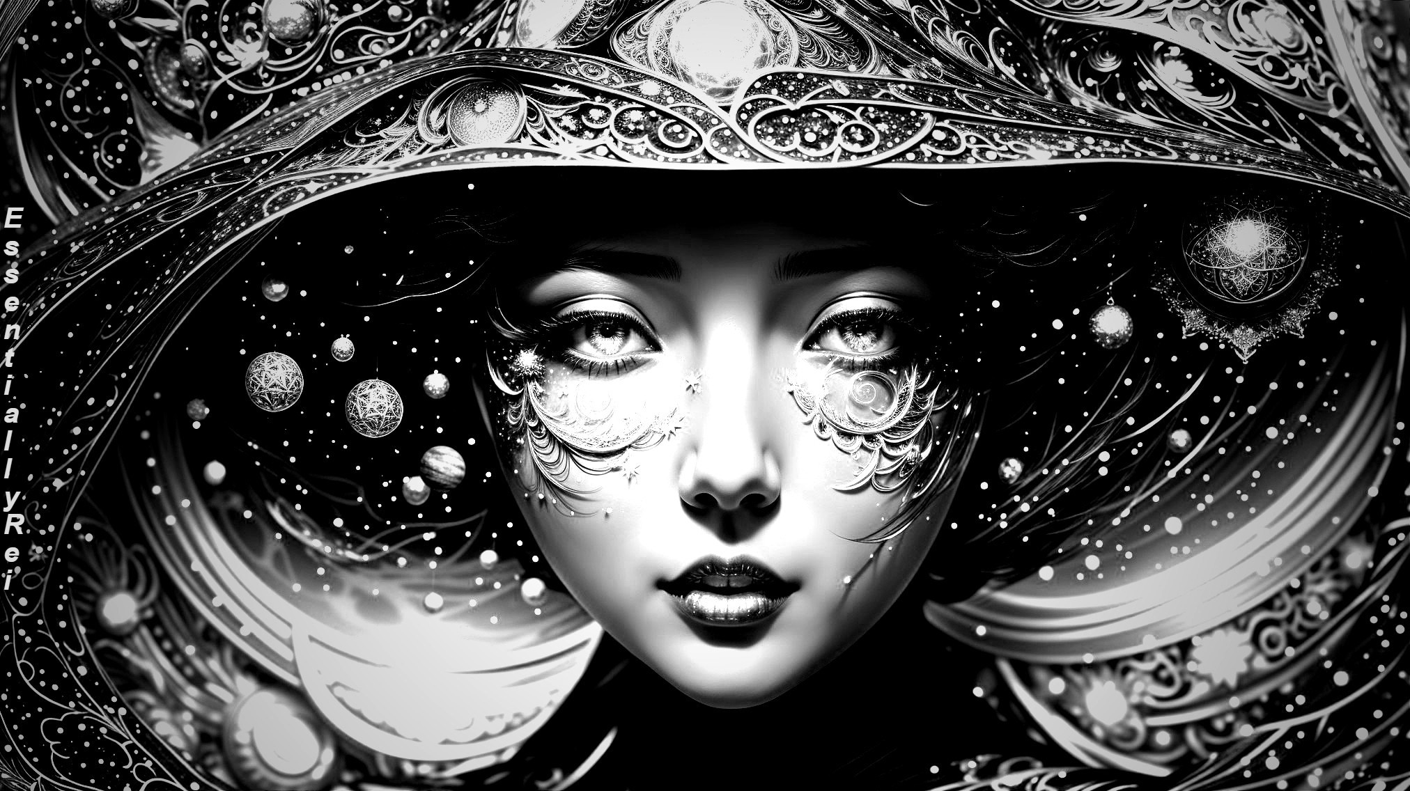 Black and White Portrait with Celestial Motifs