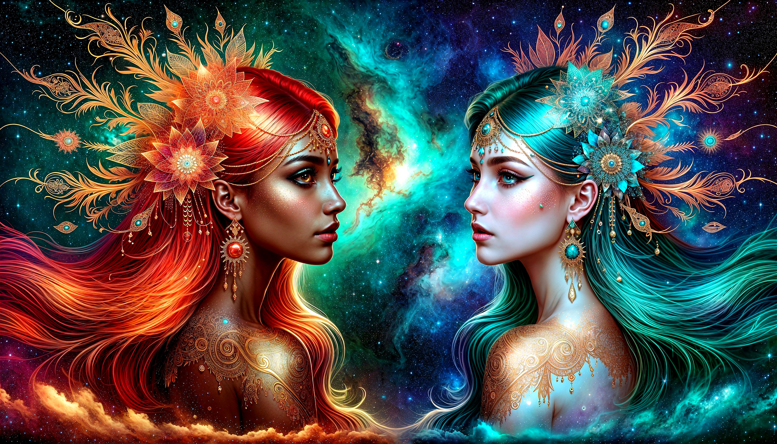 Ethereal Women with Colorful Hair in Cosmic Background