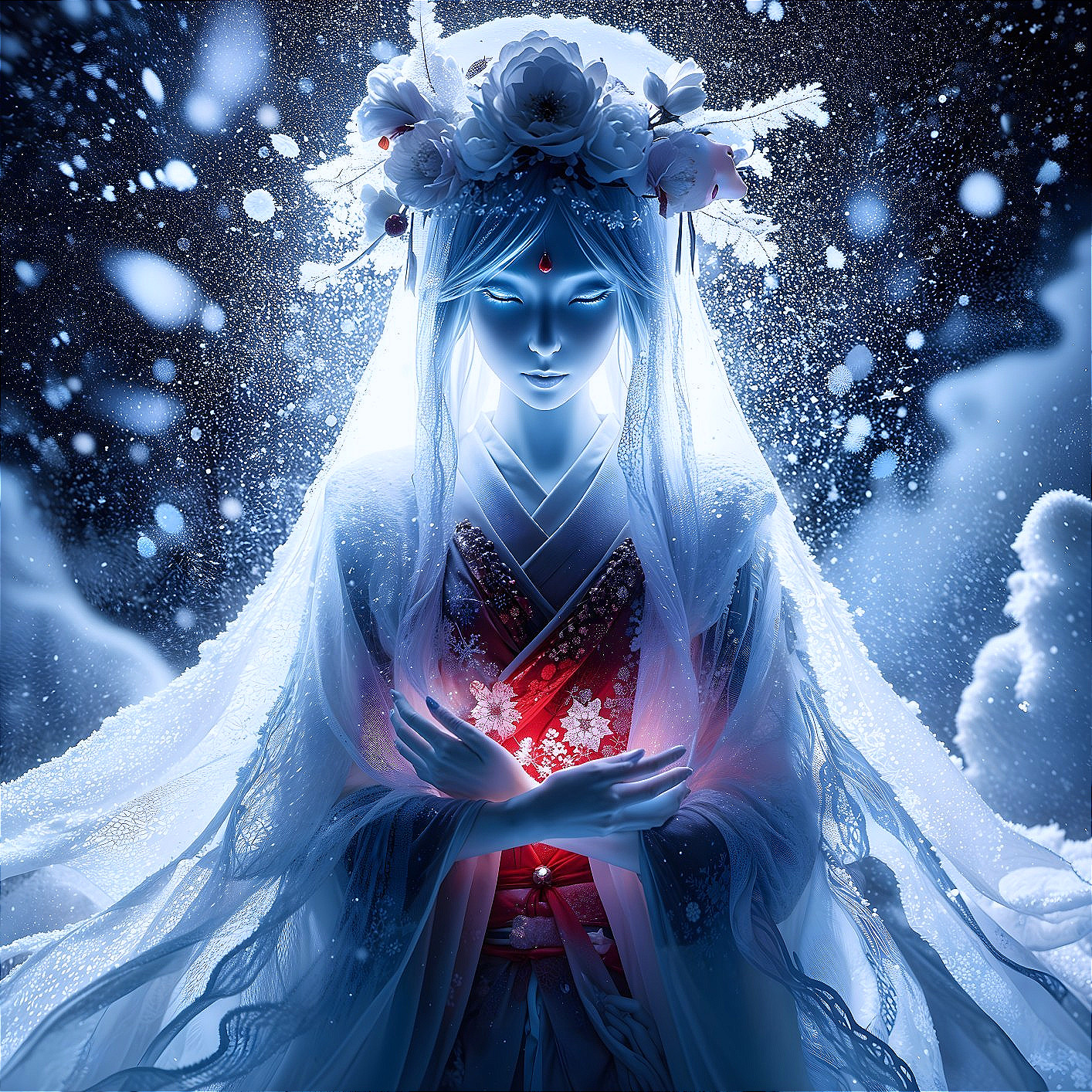Serene figure in white robes with glowing heart in snow