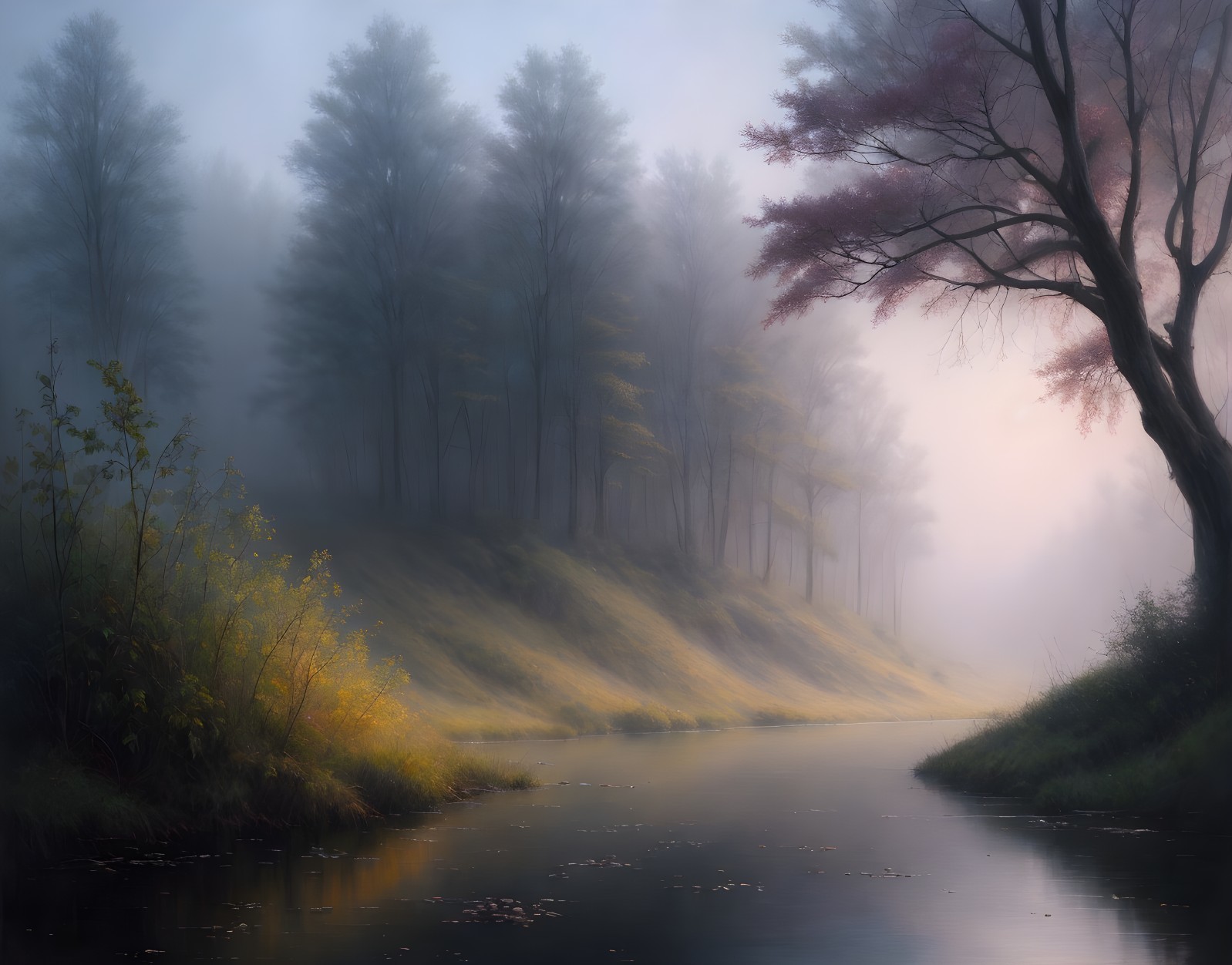 Misty River Scene with Trees and Morning Fog