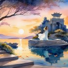 Vibrant Sunset Over Lake with Castle and Dreamlike Trees