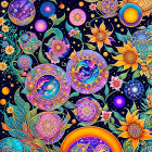 Vibrant Cosmic Tapestry with Floral and Celestial Elements