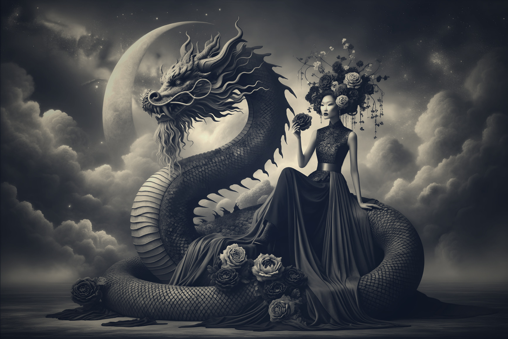Monochromatic Fantasy Scene with Dragon and Elegant Figure