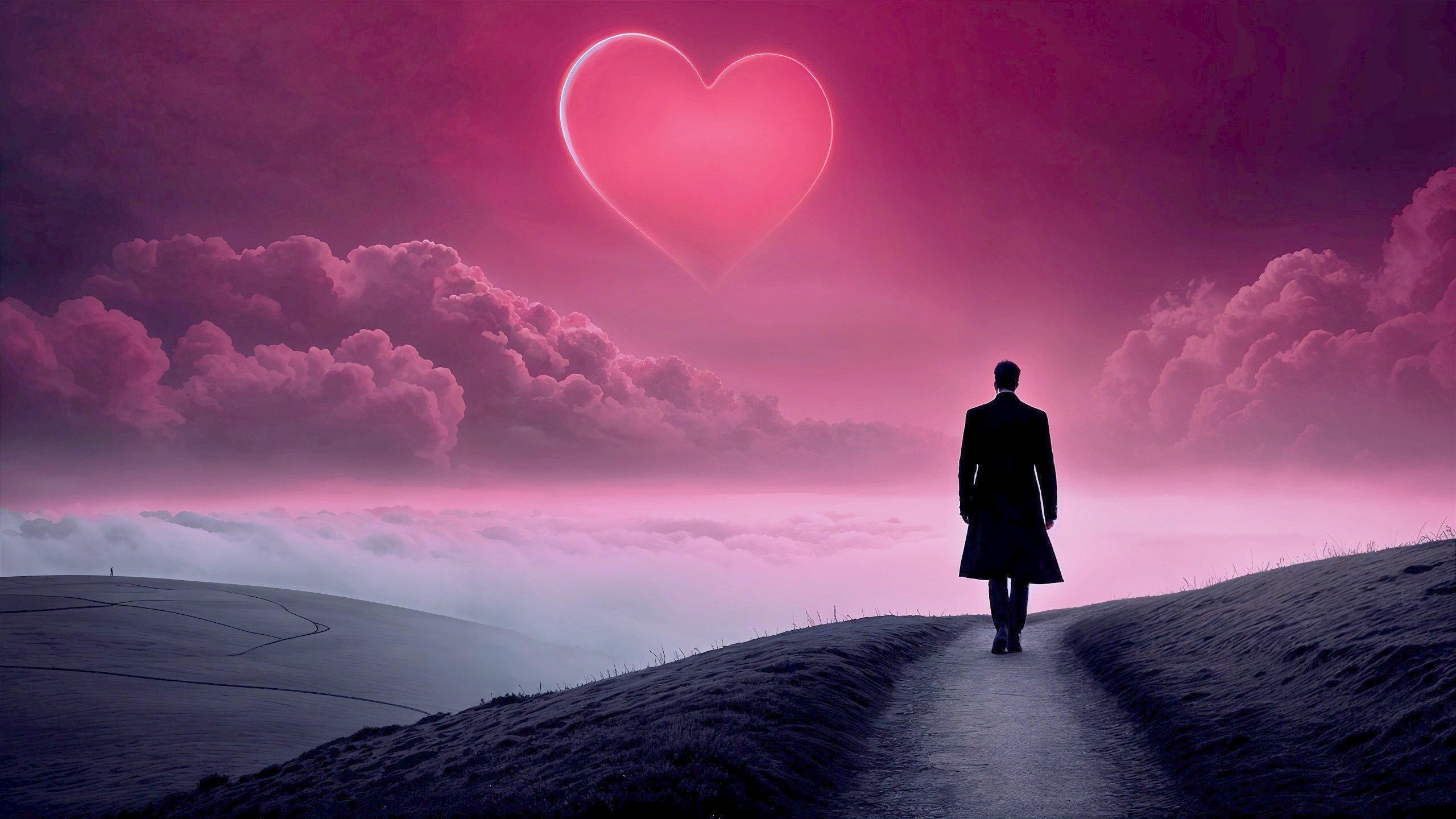 Solitary Figure on Hill Beneath Heart-Shaped Sky