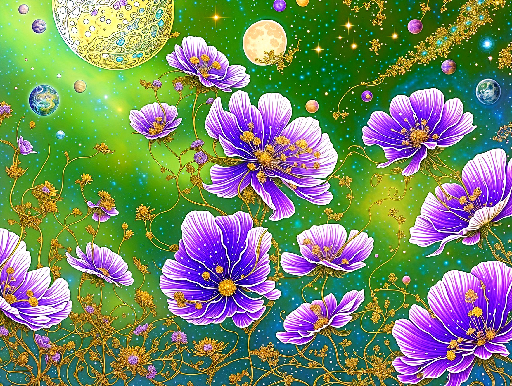Vibrant Cosmic Scene with Purple Flowers and Planets
