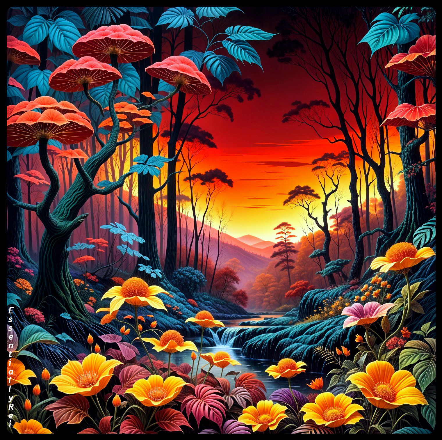 Vibrant Fantasy Landscape with Colorful Flora and Sunset