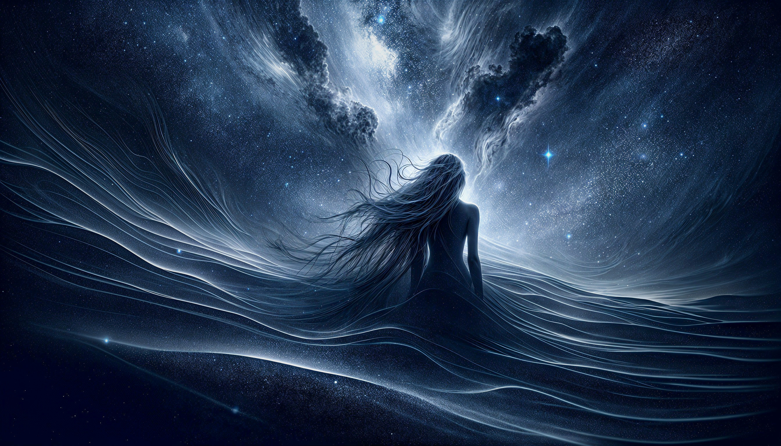 Figure with Flowing Hair in Cosmic Landscape