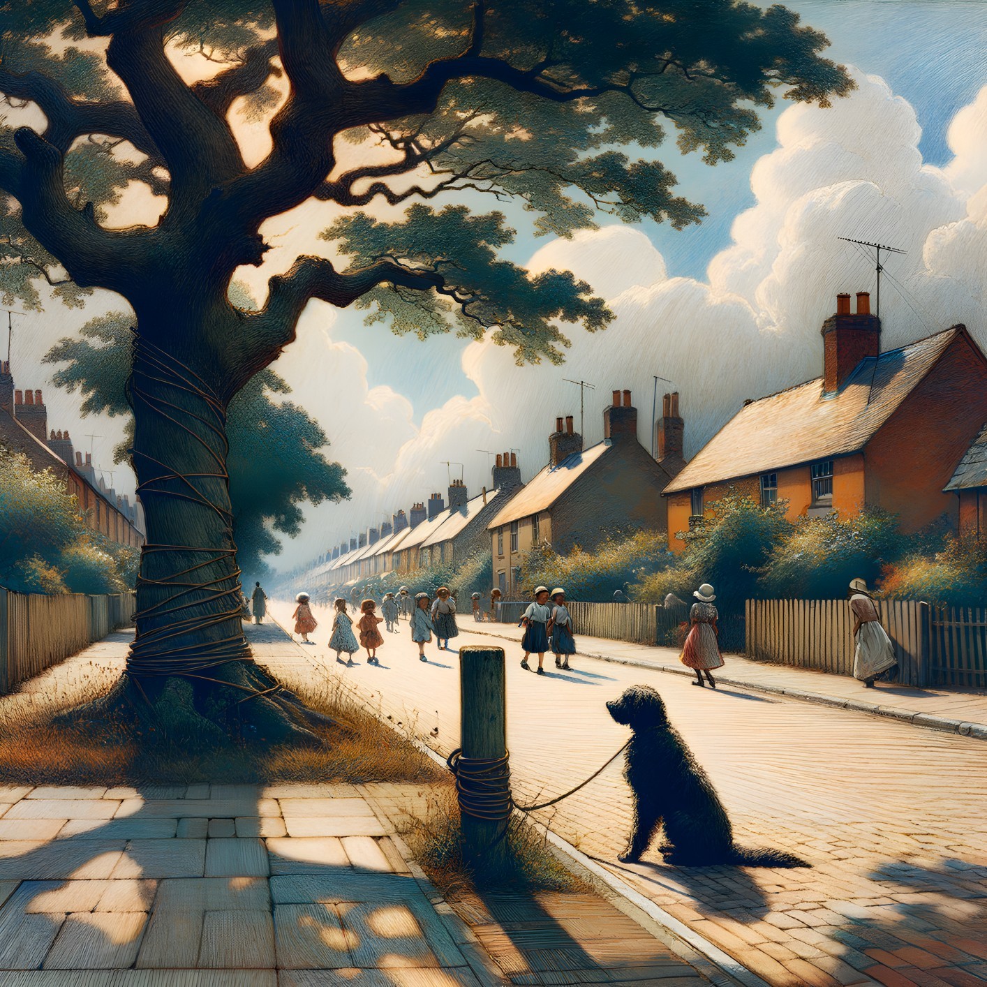 Charming Street Scene with Vintage Attire and Dog