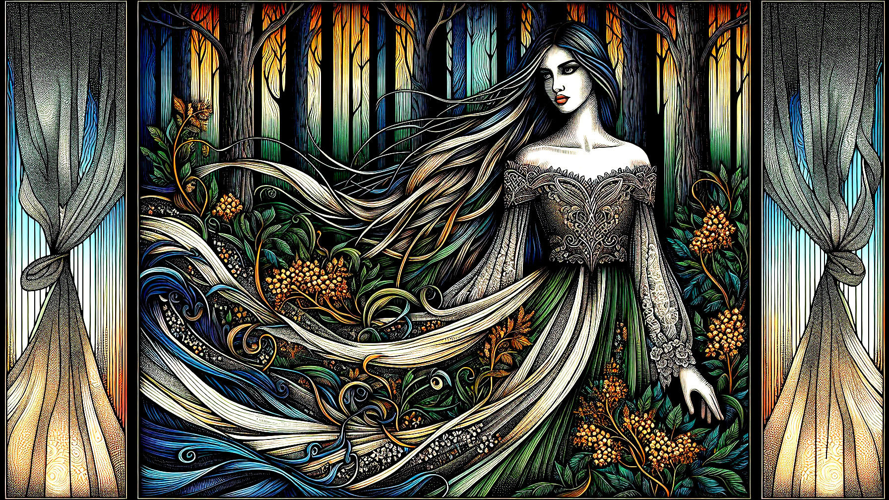 Mystical Woman in Enchanted Forest with Nature Dress