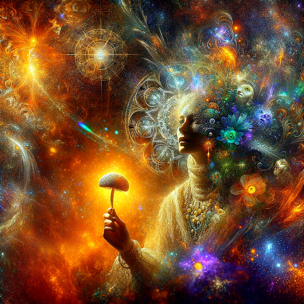 Mystical Figure with Glowing Mushroom in Cosmic Colors