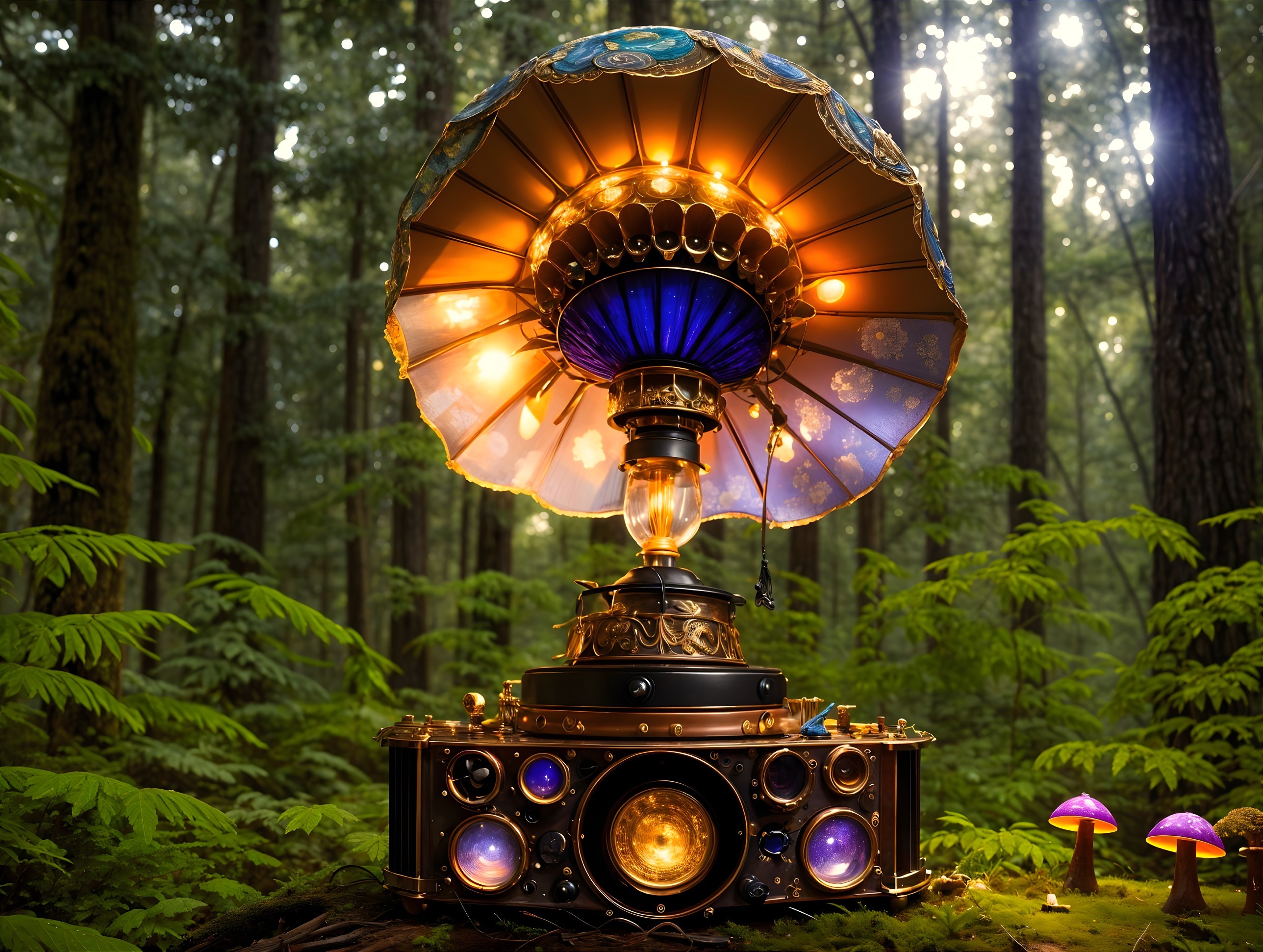 Steampunk Lamp in a Lush Forest Setting