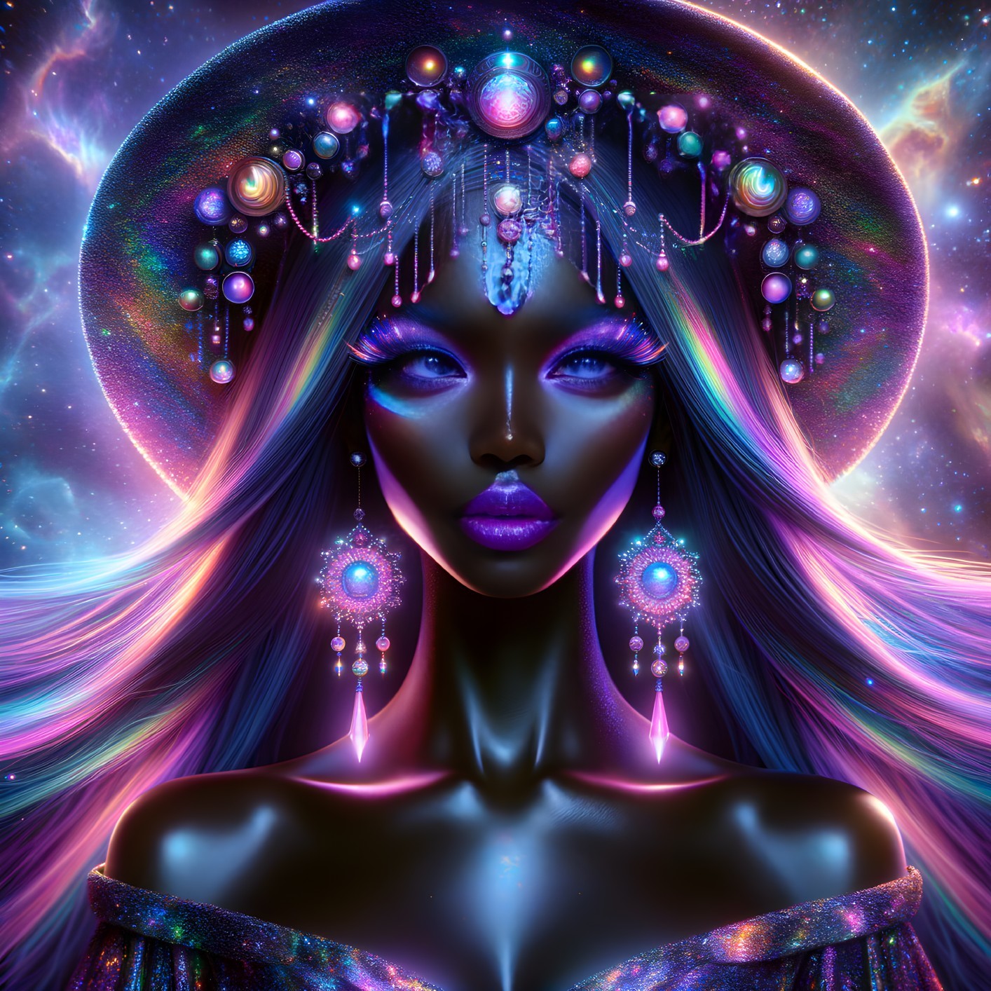 Cosmic Portrait of Woman with Nebulae and Jewelry