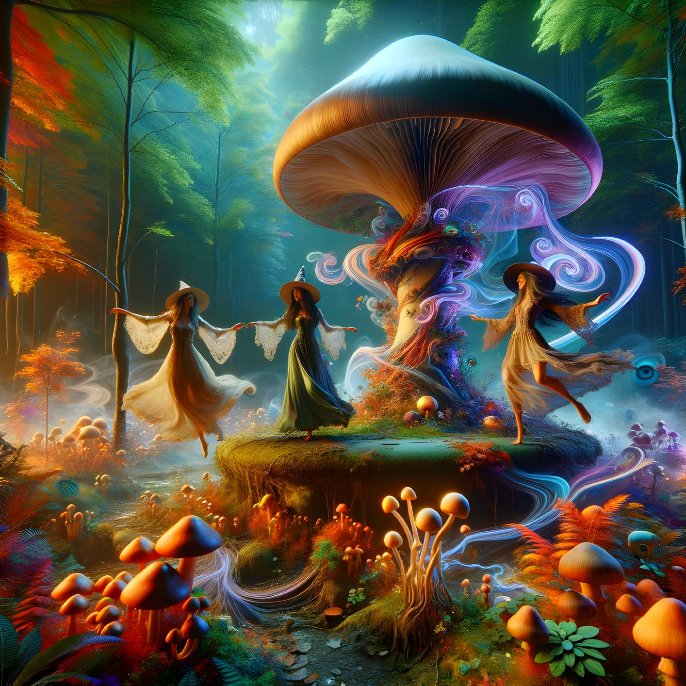 Ethereal Figures Dancing in Enchanted Forest Scene